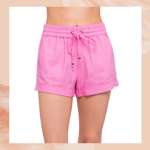 Love Tree Bright Pink Linen Cuffed Drawstring Shorts - Picture 1 of 4